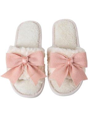 Women Pink Fuzzy Bow House Slippers Memory Foam Slides Open Toe Plush Fleece